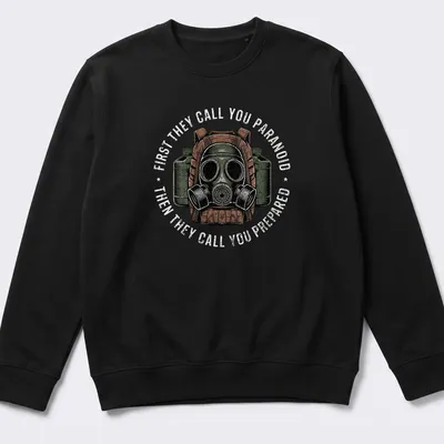 Vintage distressed T-shirt featuring a gas mask with text about paranoia and preparedness — printed on a unisex sweatshirt