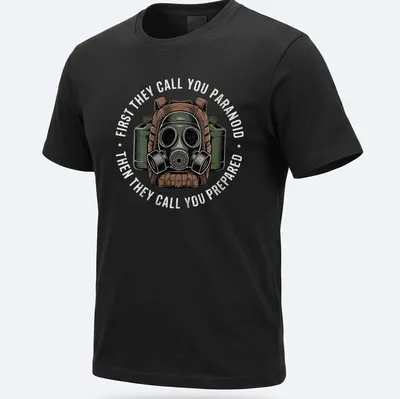 Vintage distressed T-shirt featuring a gas mask with text about paranoia and preparedness — printed on a unisex t-shirt