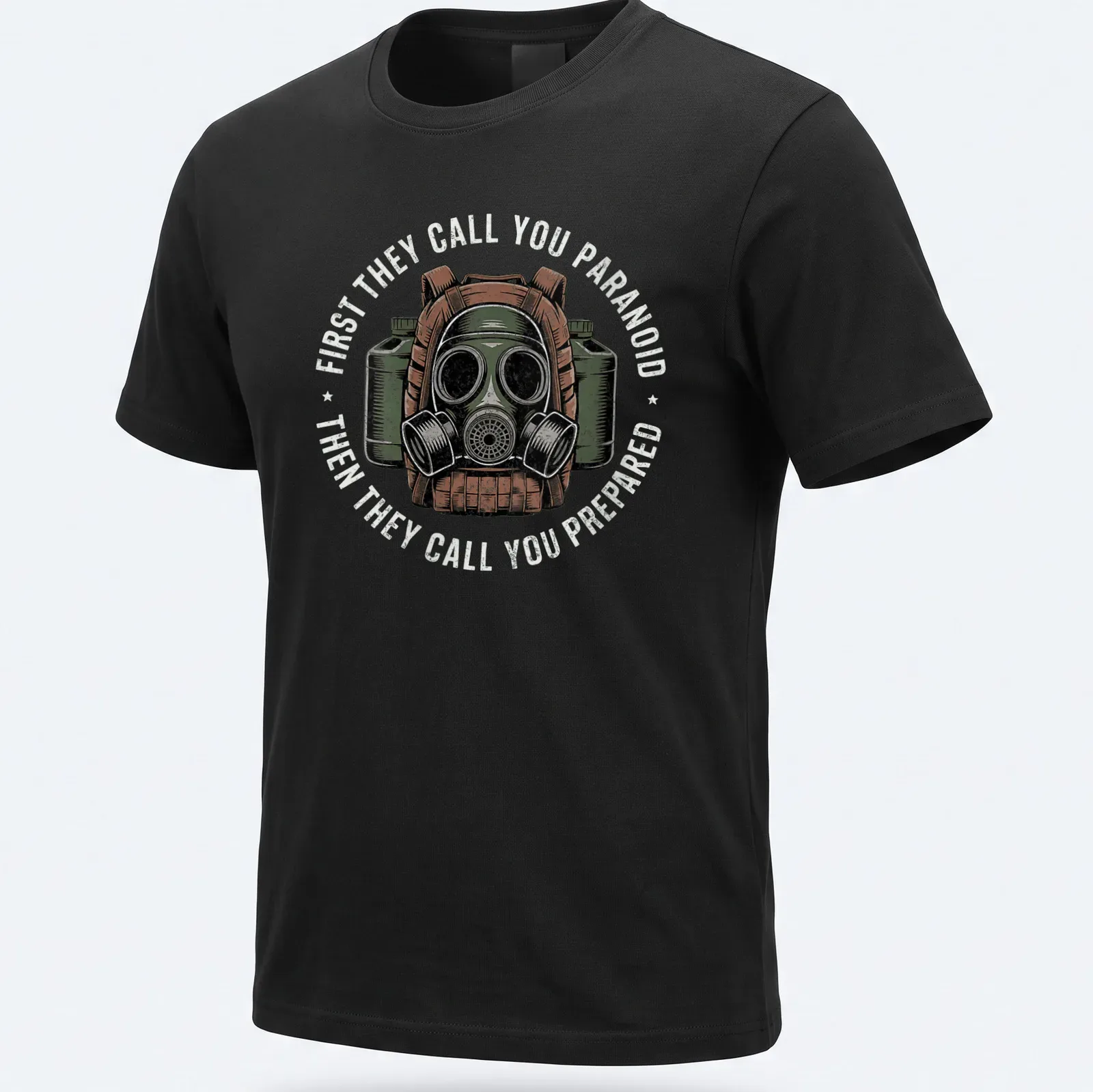 Vintage distressed T-shirt featuring a gas mask with text about paranoia and preparedness — printed on a unisex t-shirt