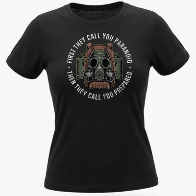 Vintage distressed T-shirt featuring a gas mask with text about paranoia and preparedness — printed on a women's shirt