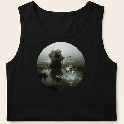 Dark fantasy swamp goblin illustration with Fishing For Skeletons text — printed on a tank top