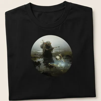 Dark fantasy swamp goblin illustration with Fishing For Skeletons text