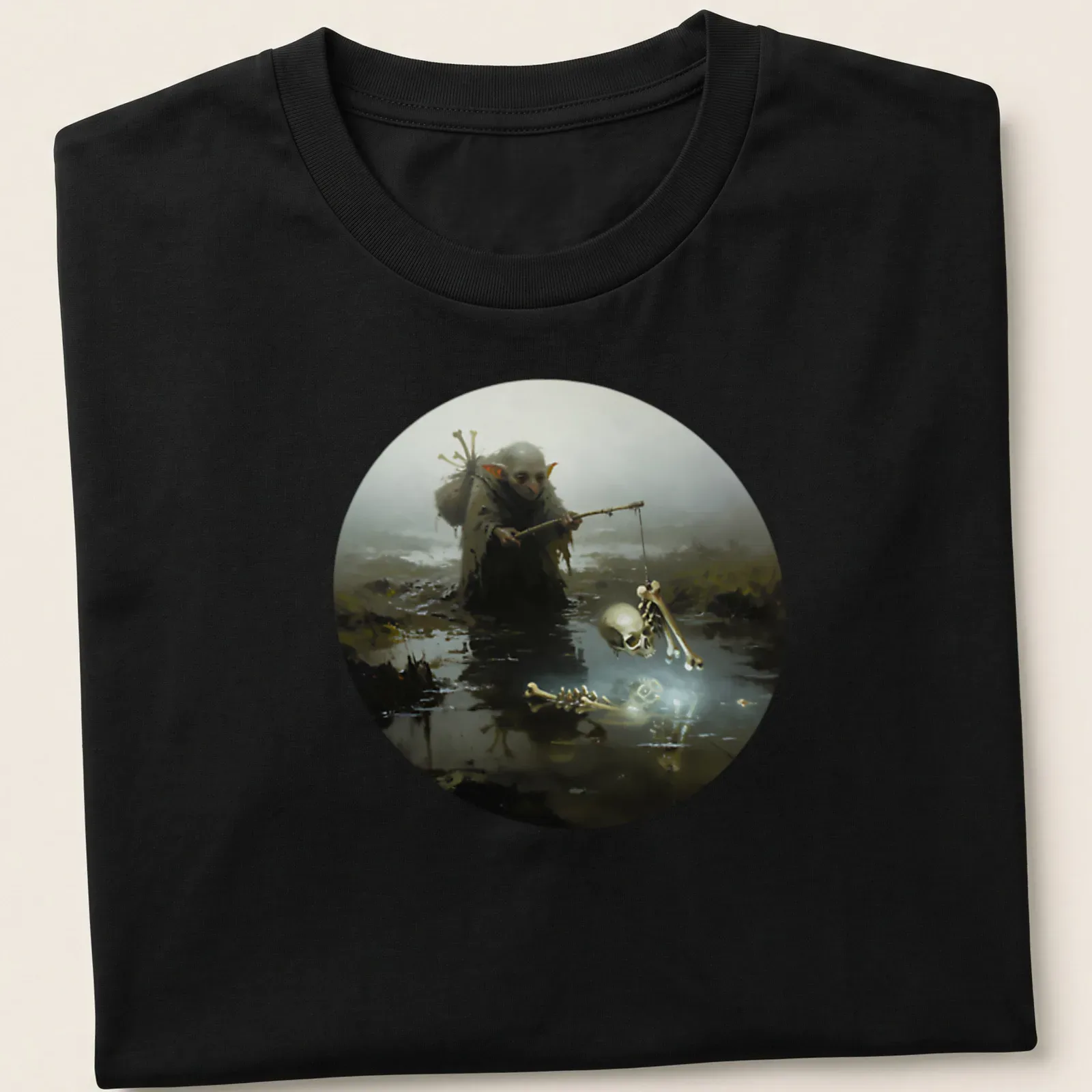 Dark fantasy swamp goblin illustration with Fishing For Skeletons text — printed on a unisex t-shirt