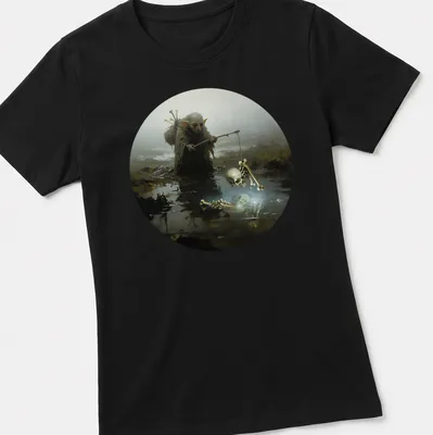 Dark fantasy swamp goblin illustration with Fishing For Skeletons text — printed on a women's shirt