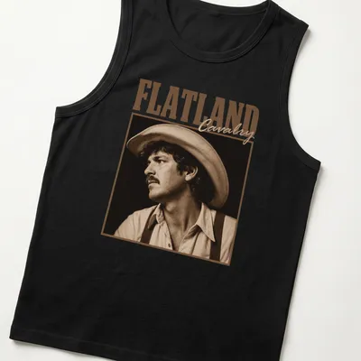 Vintage sepia cowboy portrait with 'FLATLAND Cavalry' text in classic font — printed on a tank top