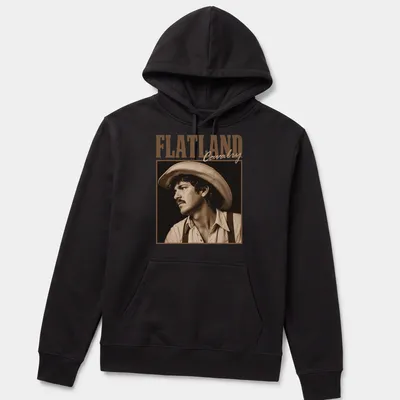 Vintage sepia cowboy portrait with 'FLATLAND Cavalry' text in classic font — printed on a unisex hoodie