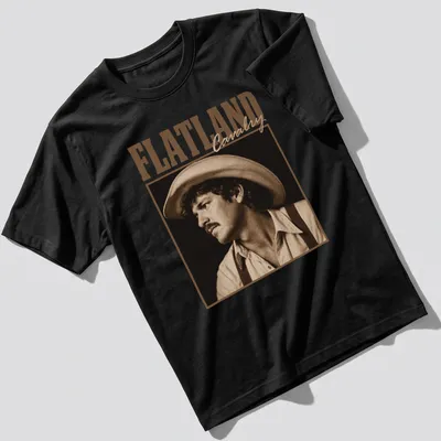 Vintage sepia cowboy portrait with 'FLATLAND Cavalry' text in classic font