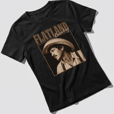 Vintage sepia cowboy portrait with 'FLATLAND Cavalry' text in classic font — printed on a women's shirt