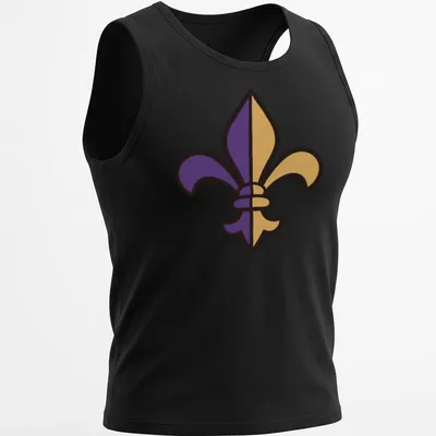 Simple flat design of a purple and gold Fleur De Lis — printed on a tank top