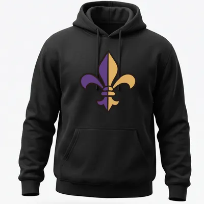 Simple flat design of a purple and gold Fleur De Lis — printed on a unisex hoodie