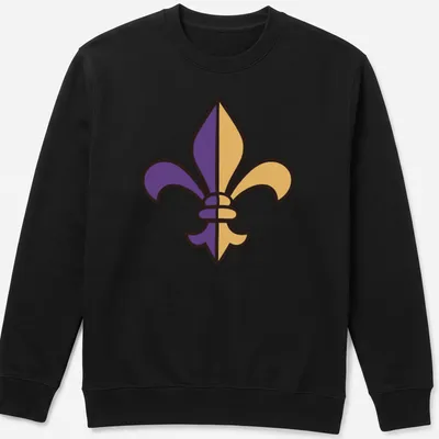 Simple flat design of a purple and gold Fleur De Lis — printed on a unisex sweatshirt