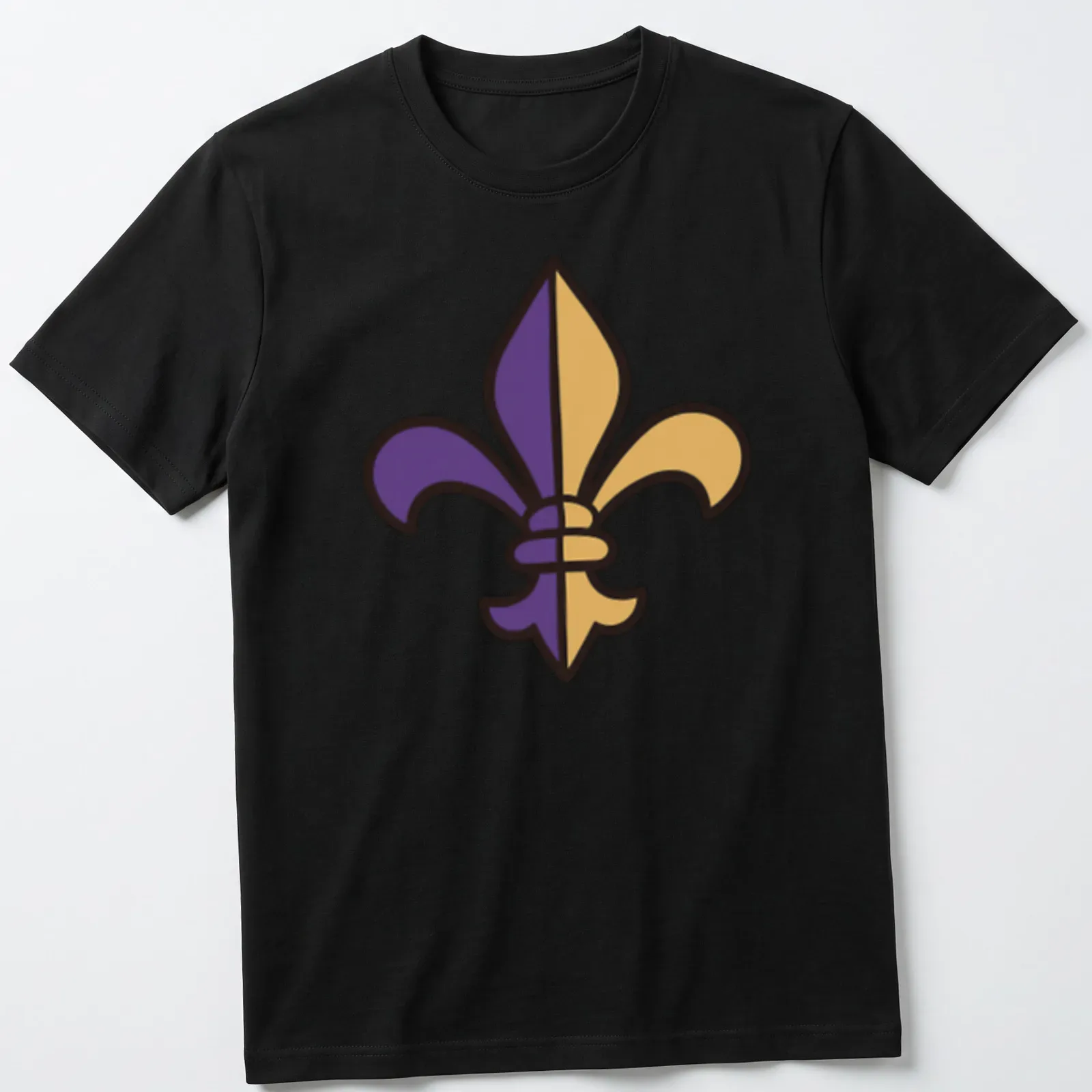 Simple flat design of a purple and gold Fleur De Lis — printed on a unisex t-shirt