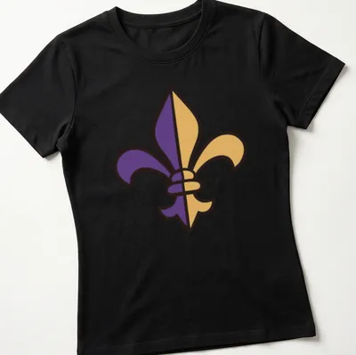 Simple flat design of a purple and gold Fleur De Lis — printed on a women's shirt