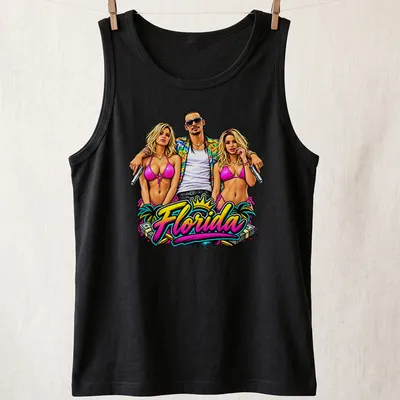 Playful Florida T-shirt with beach models in vibrant tropical colors — printed on a tank top