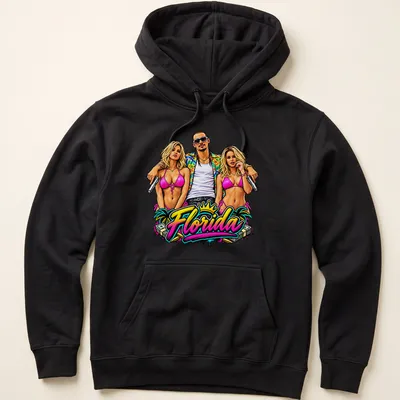 Playful Florida T-shirt with beach models in vibrant tropical colors — printed on a unisex hoodie