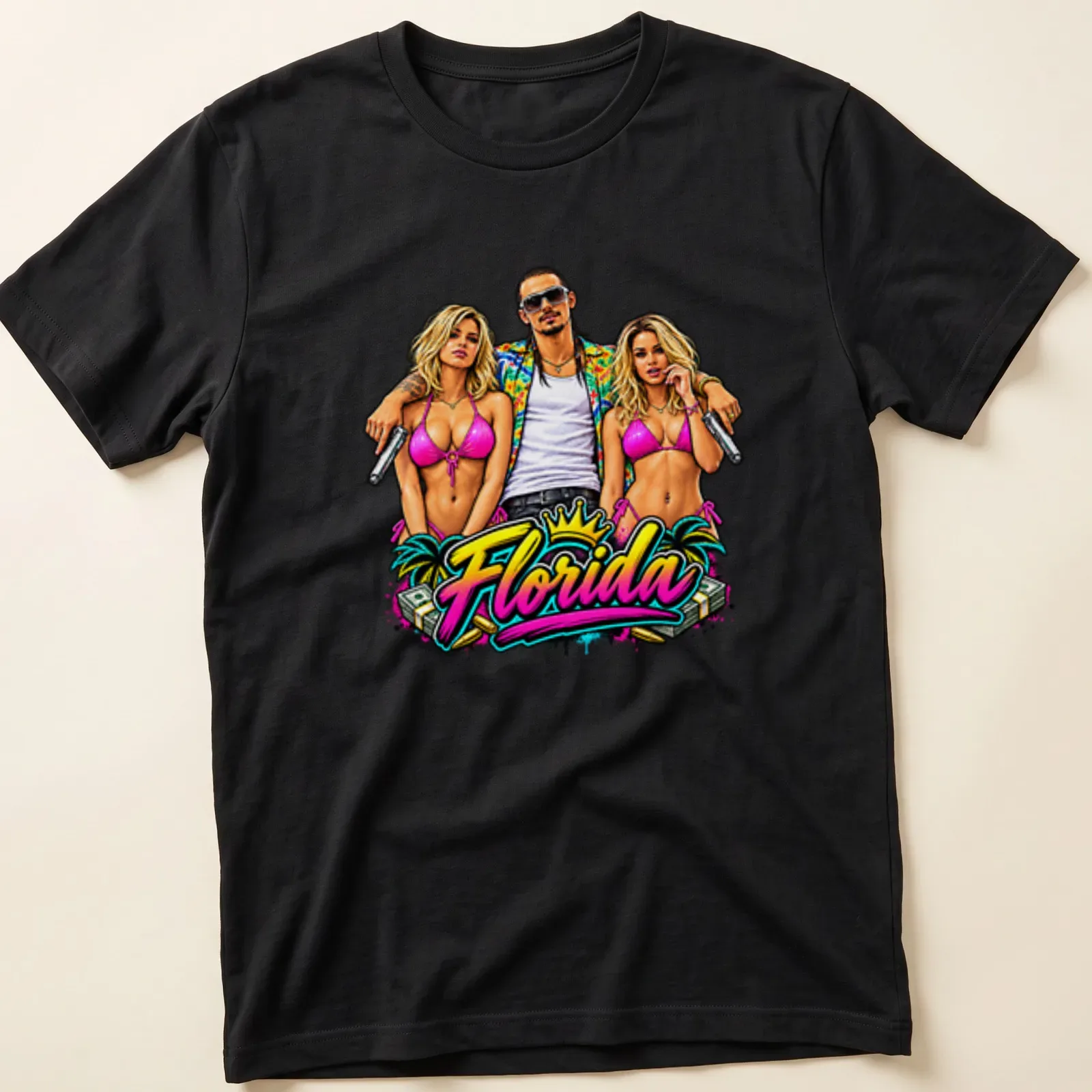 Playful Florida T-shirt with beach models in vibrant tropical colors — printed on a unisex t-shirt