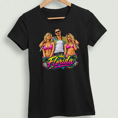 Playful Florida T-shirt with beach models in vibrant tropical colors — printed on a women's shirt