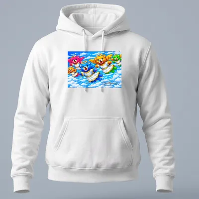 Kawaii t-shirt featuring colorful cartoon bears with angel wings in various colors — printed on a unisex hoodie
