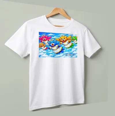 Kawaii t-shirt featuring colorful cartoon bears with angel wings in various colors — printed on a unisex t-shirt (angled view)