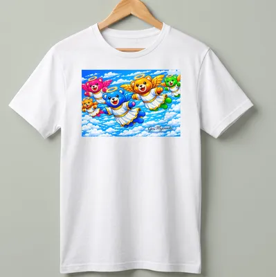 Kawaii t-shirt featuring colorful cartoon bears with angel wings in various colors