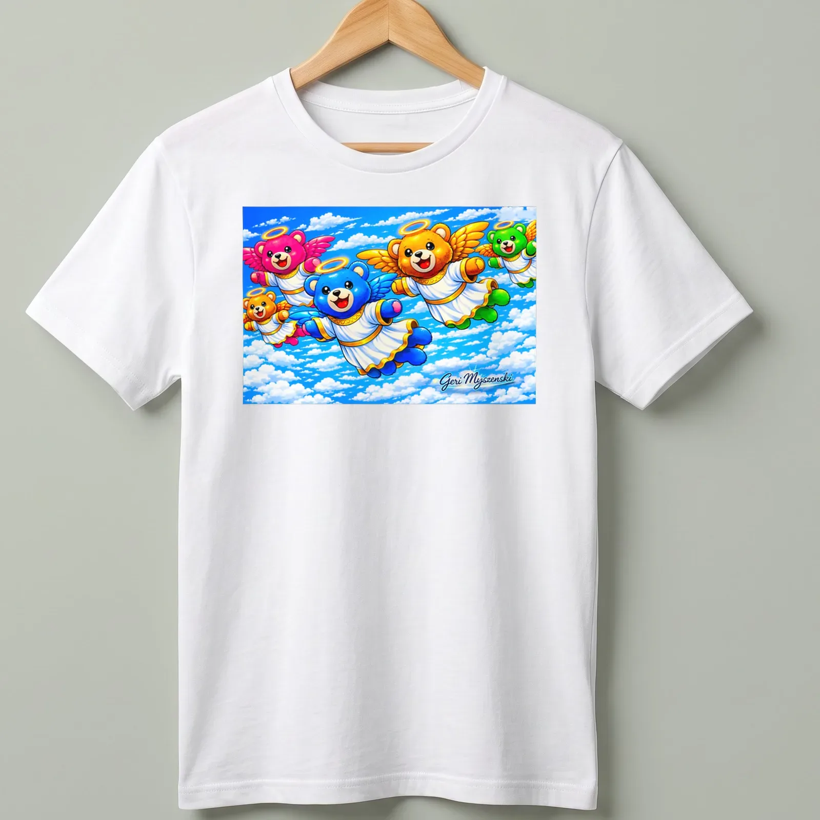 Kawaii t-shirt featuring colorful cartoon bears with angel wings in various colors — printed on a unisex t-shirt
