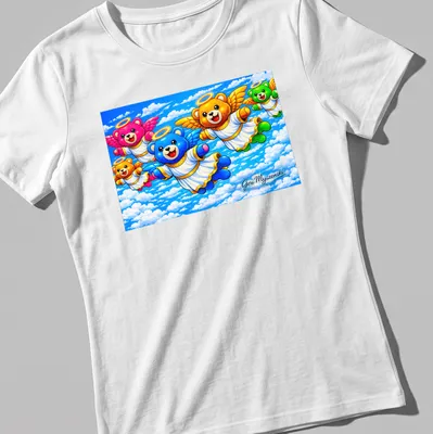 Kawaii t-shirt featuring colorful cartoon bears with angel wings in various colors — printed on a women's shirt