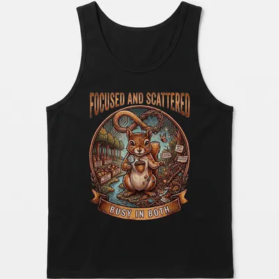 Detailed illustration of a squirrel with the text 'Focused and Scattered Busy In Both' in colorful font — printed on a tank top