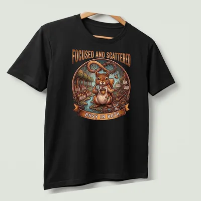 Detailed illustration of a squirrel with the text 'Focused and Scattered Busy In Both' in colorful font — printed on a unisex t-shirt (angled view)