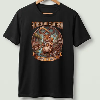 Detailed illustration of a squirrel with the text 'Focused and Scattered Busy In Both' in colorful font — printed on a unisex t-shirt