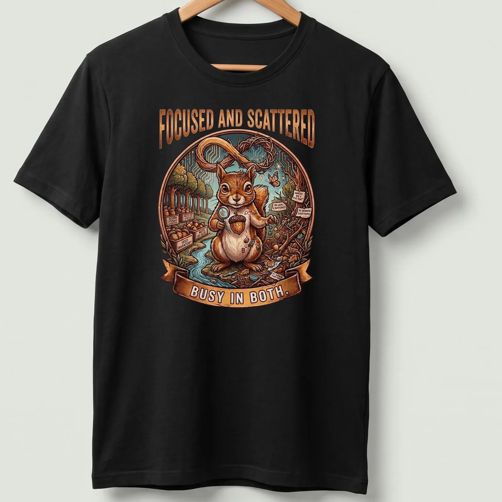 Detailed illustration of a squirrel with the text 'Focused and Scattered Busy In Both' in colorful font — printed on a unisex t-shirt