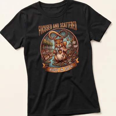 Detailed illustration of a squirrel with the text 'Focused and Scattered Busy In Both' in colorful font — printed on a women's shirt