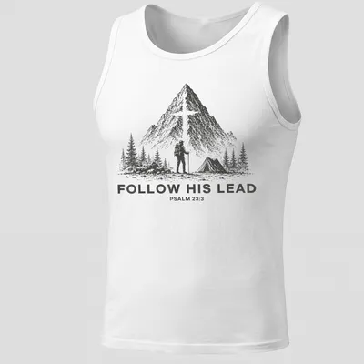 Vintage illustration of a hiker with backpack and tent, with Psalm 23:3 text — printed on a tank top