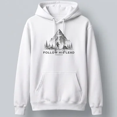 Vintage illustration of a hiker with backpack and tent, with Psalm 23:3 text — printed on a unisex hoodie