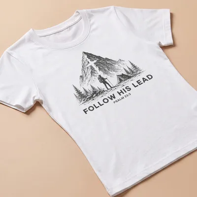 Vintage illustration of a hiker with backpack and tent, with Psalm 23:3 text — printed on a women's shirt