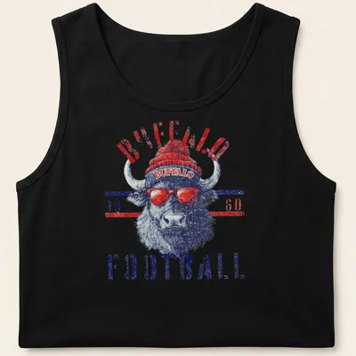 Vintage distressed t-shirt featuring Buffalo Football 1960 text and bison illustration — printed on a tank top