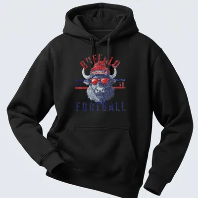 Vintage distressed t-shirt featuring Buffalo Football 1960 text and bison illustration — printed on a unisex hoodie