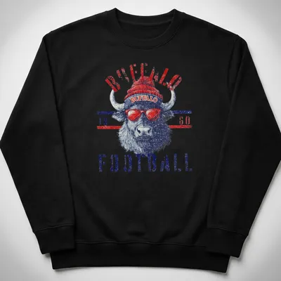 Vintage distressed t-shirt featuring Buffalo Football 1960 text and bison illustration — printed on a unisex sweatshirt