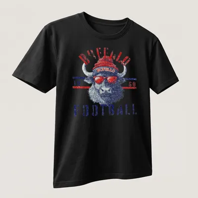 Vintage distressed t-shirt featuring Buffalo Football 1960 text and bison illustration — printed on a unisex t-shirt (angled view)
