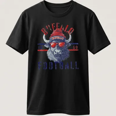 Vintage distressed t-shirt featuring Buffalo Football 1960 text and bison illustration — printed on a unisex t-shirt