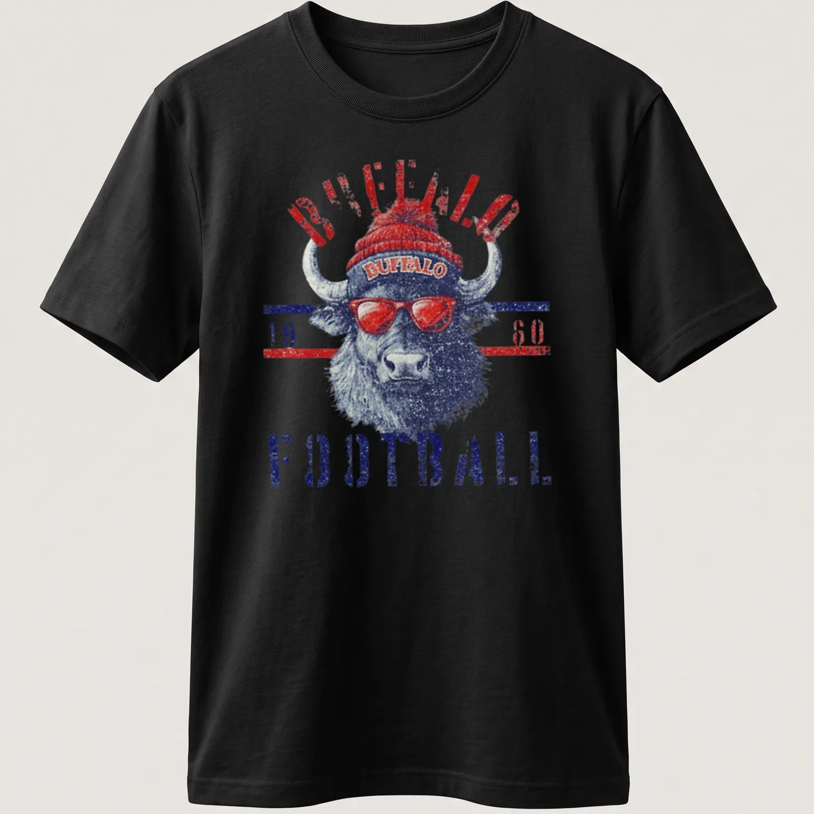 Vintage distressed t-shirt featuring Buffalo Football 1960 text and bison illustration — printed on a unisex t-shirt