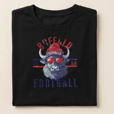 Vintage distressed t-shirt featuring Buffalo Football 1960 text and bison illustration — printed on a women's shirt