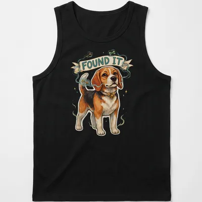 Illustrative design of a cute beagle sniffing keys with the text 'FOUND IT' — printed on a tank top