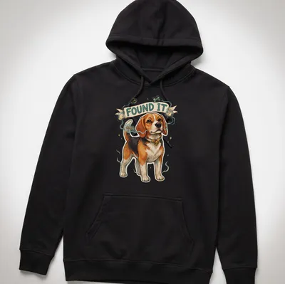 Illustrative design of a cute beagle sniffing keys with the text 'FOUND IT' — printed on a unisex hoodie