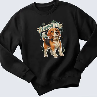 Illustrative design of a cute beagle sniffing keys with the text 'FOUND IT' — printed on a unisex sweatshirt