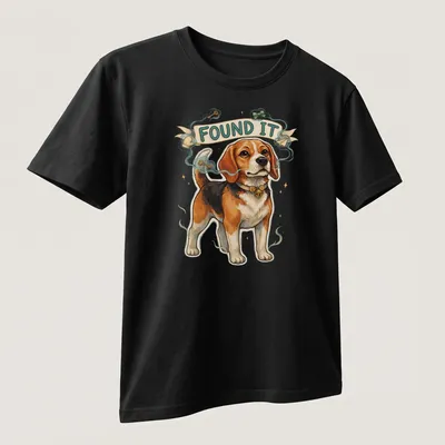 Illustrative design of a cute beagle sniffing keys with the text 'FOUND IT' — printed on a unisex t-shirt (angled view)