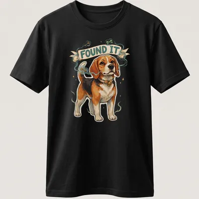 Illustrative design of a cute beagle sniffing keys with the text 'FOUND IT'