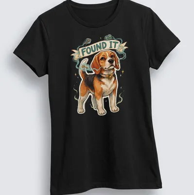 Illustrative design of a cute beagle sniffing keys with the text 'FOUND IT' — printed on a women's shirt