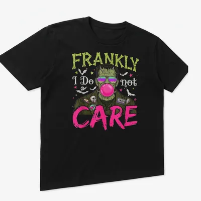 Colorful cartoon Frankenstein monster T-shirt with humorous text — printed on a unisex t-shirt (angled view)