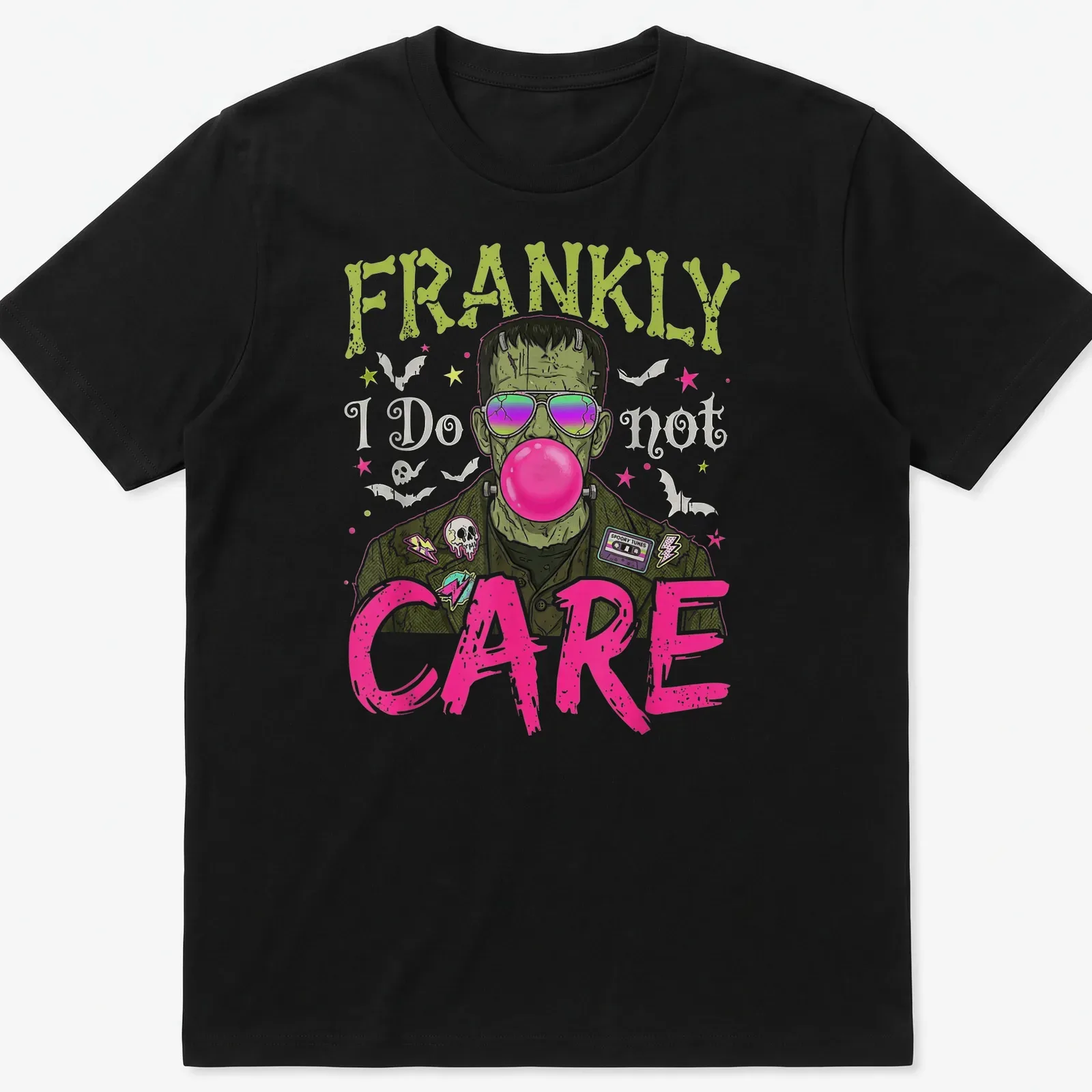 Colorful cartoon Frankenstein monster T-shirt with humorous text — printed on a unisex t-shirt