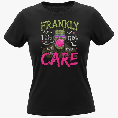 Colorful cartoon Frankenstein monster T-shirt with humorous text — printed on a women's shirt